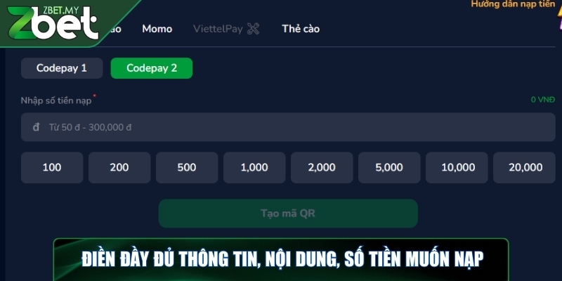 Nạp tiền ZBET - Hướng dẫn cách thực hiện và một số lưu ý 4 Chọn “ViettelPay 1” và điền số tiền muốn nạp