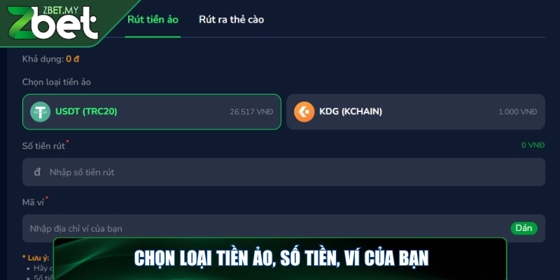 Chọn loại tiền ảo, số tiền, ví của bạn
